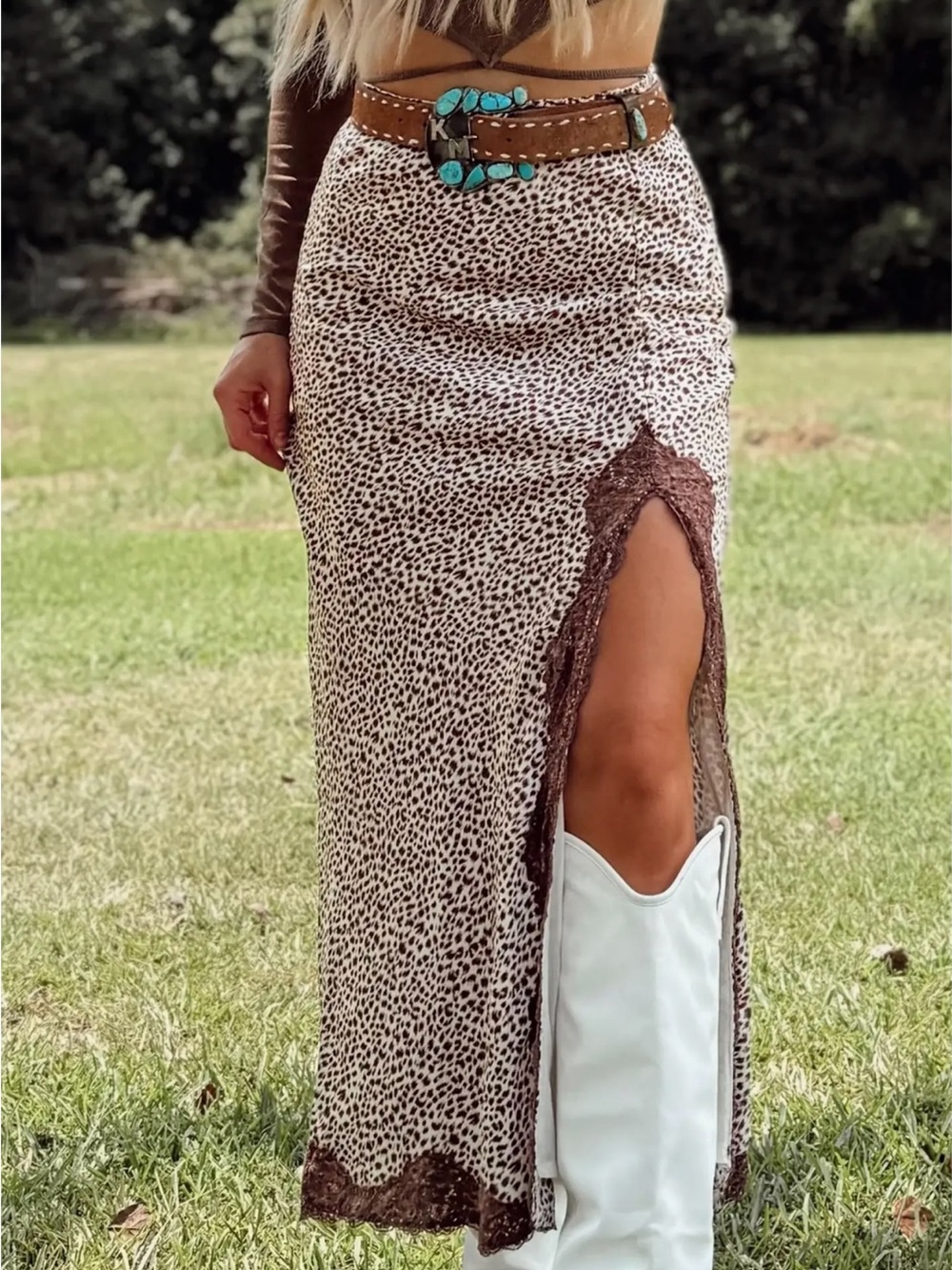 Leopard Lace-Trim Maxi Skirt with Side Slit - Cream/Brown